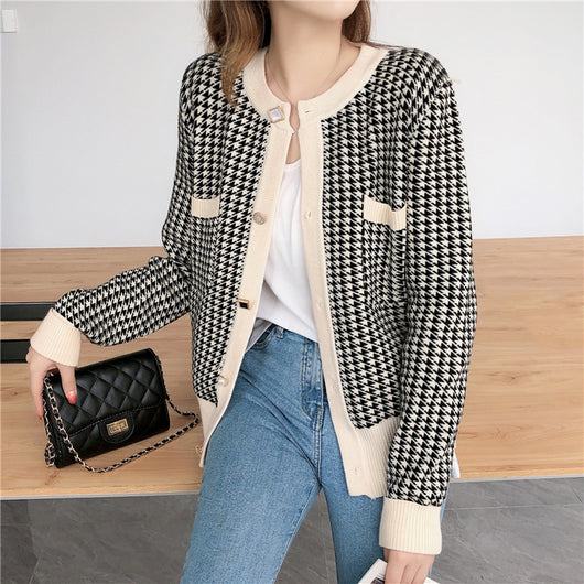 Cardigan Houndstooth Coreano Suelto Cuello Redondo Aroma Delicado - Image 11