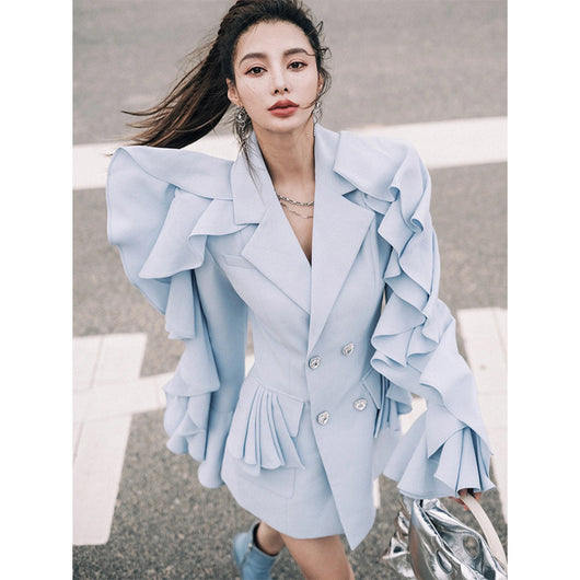 Blazer Azul Onda con Volantes en las Mangas - Diseño Francés Moderno - Image 6