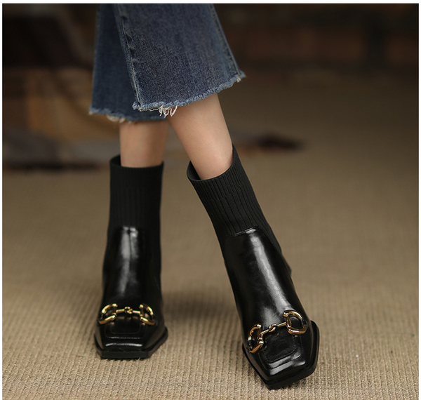 Botas Cortas Mujer Tacón Grueso Punta Cuadrada Diseño Moderno