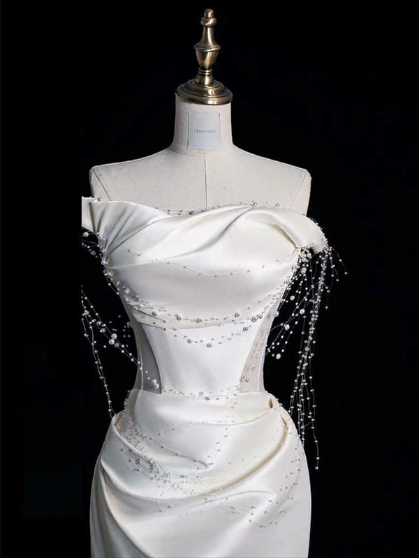 Vestido de Fiesta Satinado Hombros Descubiertos con Perlas