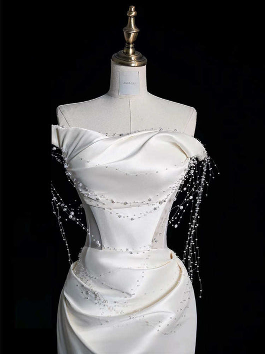 Vestido de Fiesta Satinado Hombros Descubiertos con Perlas - Image 2