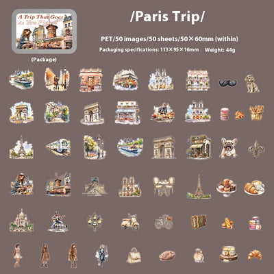 Set of 50 PET stickers featuring watercolor illustrations of a Greece tour, including buildings, landscapes, and food. - Image 6