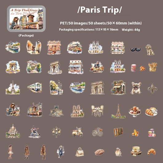 Set of 50 PET stickers featuring watercolor illustrations of a Greece tour, including buildings, landscapes, and food. - Image 6