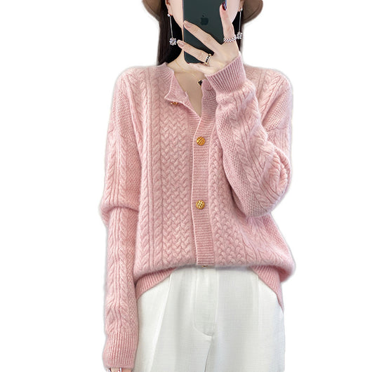 Chaqueta de Lana Retorcida con Flores para Mujer - Cuello Redondo - Image 12