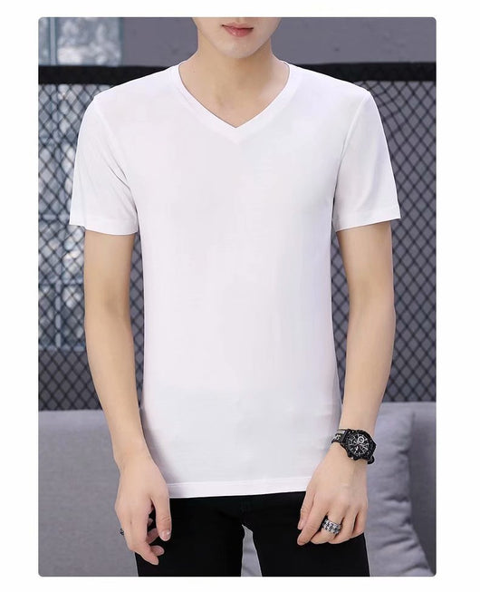 Camiseta Blanca Slim Fit Cuello V Manga Corta para Hombre - Básico Versátil de Verano - Image 12