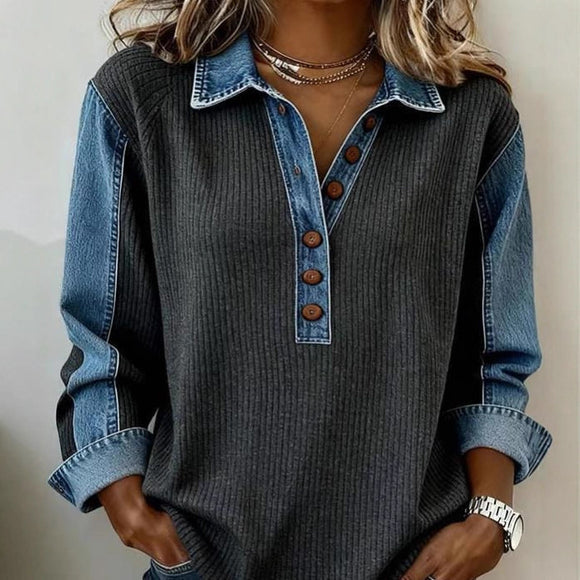 Suéter Denim Patchwork con Cuello Solapa - Estilo Europeo Oversize
