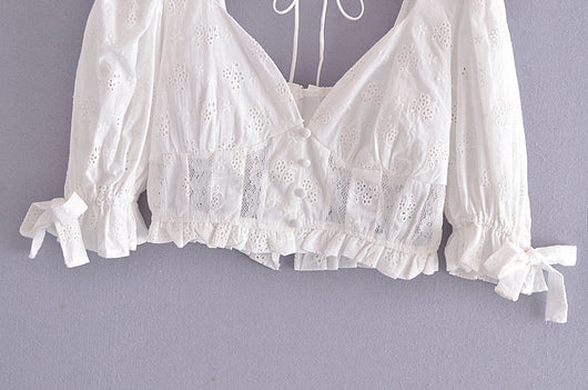 Blusa con Encaje Bordado, Moño y Mangas Abullonadas - Image 11