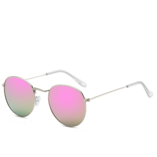 Round gold-framed sunglasses with pink tinted lenses, featuring clear temple tips. - Image 12