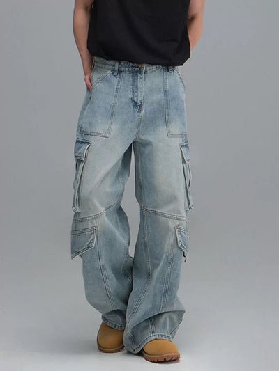 Pantalones Vaqueros de Trabajo Multibolsillos Lavados - Corte Ancho Casual para Hombre - Image 8