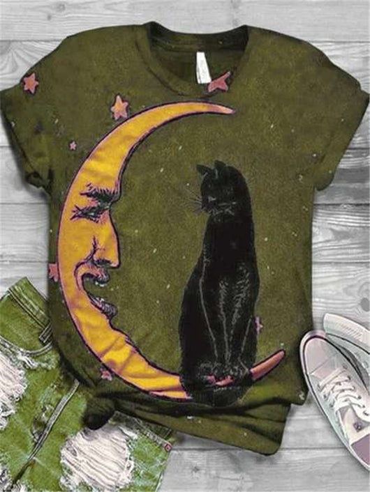 Playera Gato Luna Cuello Redondo Manga Corta Cómoda