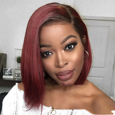 Peluca Corta Burgundy con Raya Lateral y Cabello Liso