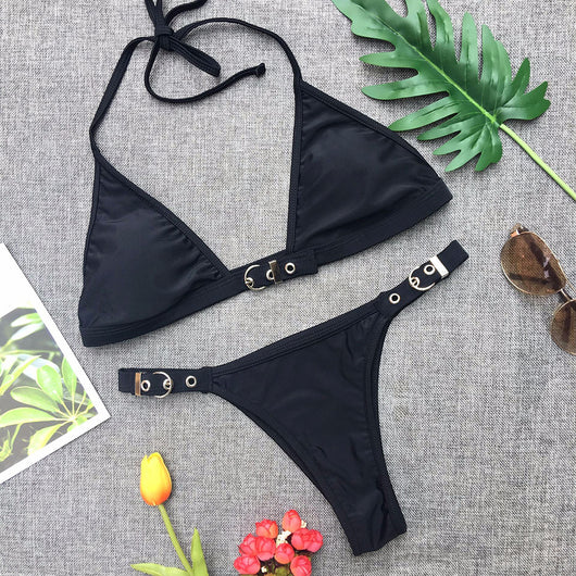 Conjunto de Bikini Brasileño Ajustable para Mujer - Negro Sólido - Image 3