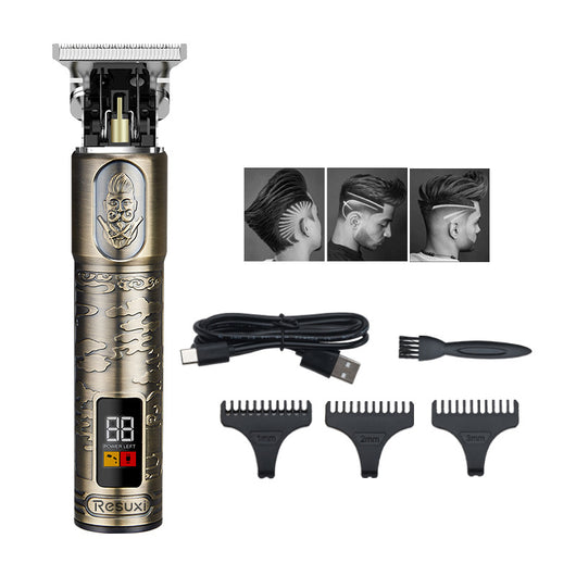 Gold electric hair clippers with an LCD display and engraved design, shown with 1mm, 2mm, 3mm guide combs, USB cable, and cleaning brush. - Image 7