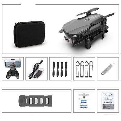 Gray folding drone with 4K camera, remote control, spare propellers, propeller guards, charging cable, and battery. - Image 5