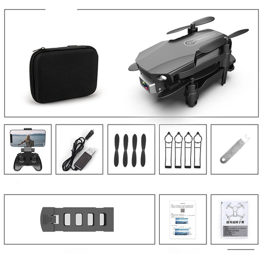 Gray folding drone with 4K camera, remote control, spare propellers, propeller guards, charging cable, and battery. - Image 5
