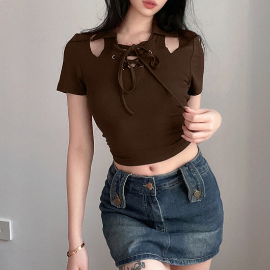 Camiseta Cropped Slim Fit con Cuello Lazada y Hombros Descubiertos - Image 3