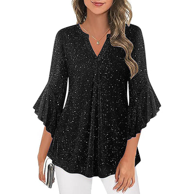 Blusa Suelta de Malla Plateada con Cuello V y Mangas 3/4 Pétalos - Image 37