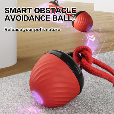 Red and black smart interactive pet toy ball with a textured swirl pattern and an attached red rope. - Image 4