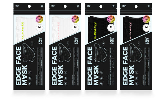 White V-shape face mask with pink ear loops, packaged in a clear and black pouch, size S, by Kalor Cvre. - Image 27
