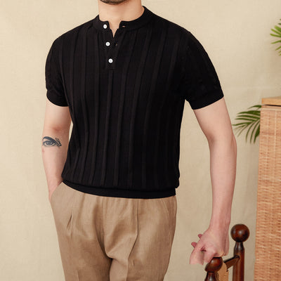 Camiseta Casual de Punto Henry Collar a Rayas - Manga Corta 100% Algodón para Hombre