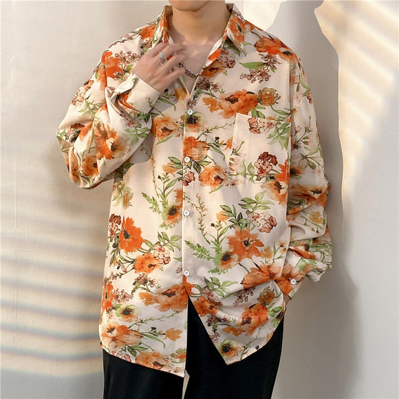 Camisa Floral Retro Holgada de Manga Larga para Hombre