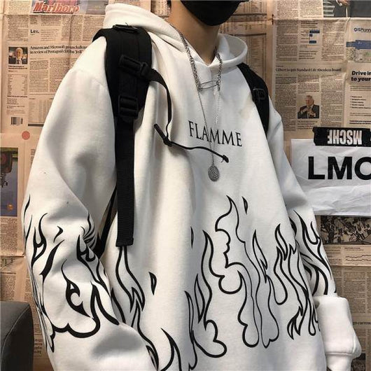 Sudadera Oversized Hip-Hop Retro con Estampado de Llamas y Forro Polar - Image 9
