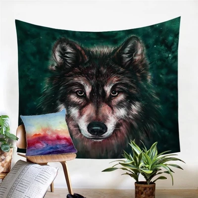 Digital printed tapestry featuring a detailed, realistic wolf head with dark fur and piercing eyes on a dark green background.