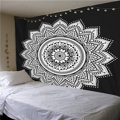 Black and white Indian Mandala tapestry wall hanging with intricate bohemian patterns, displayed in a bedroom. - Image 11