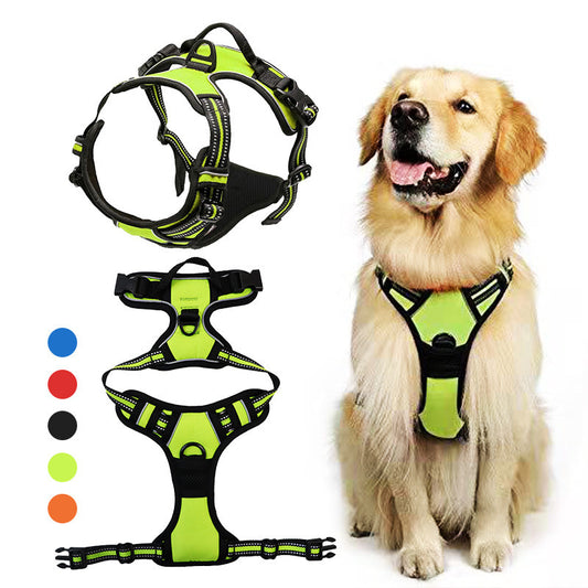 Red and black dog harness with reflective strips, adjustable straps, and a top handle for secure pet control.
