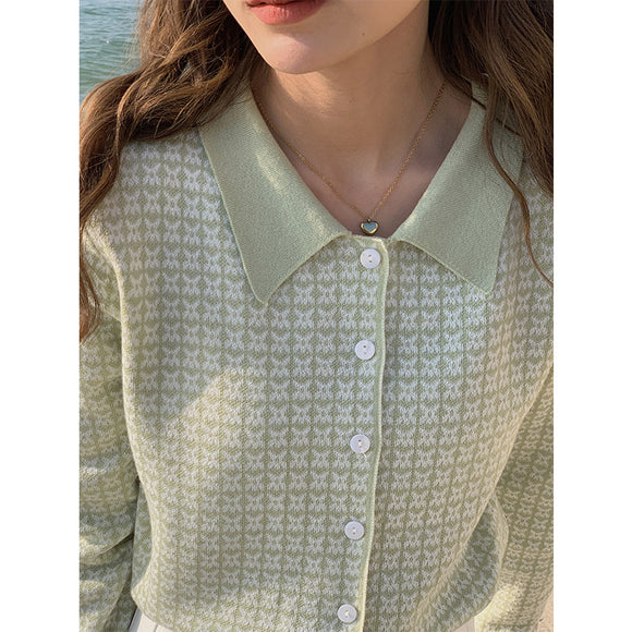 Cardigan Tejido Houndstooth con Cuello Polo para Mujer