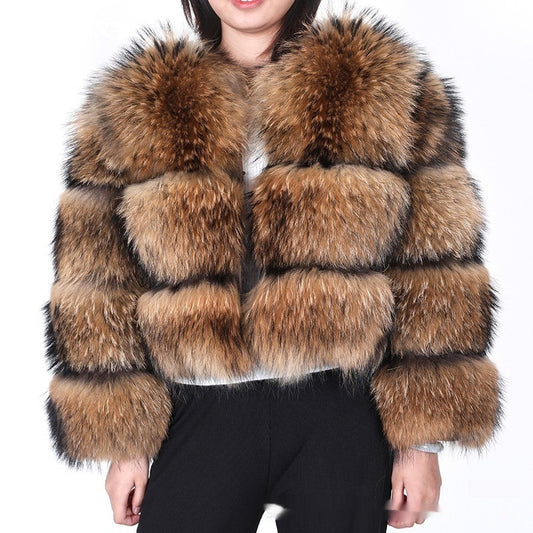 Abrigo de Piel de Mapache Corto para Mujer - Cuero y Fur Premium