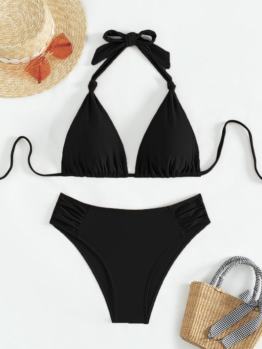 Solid olive green triangle halter bikini swimsuit for women, featuring a high-waisted bottom with ruched sides. - Image 14