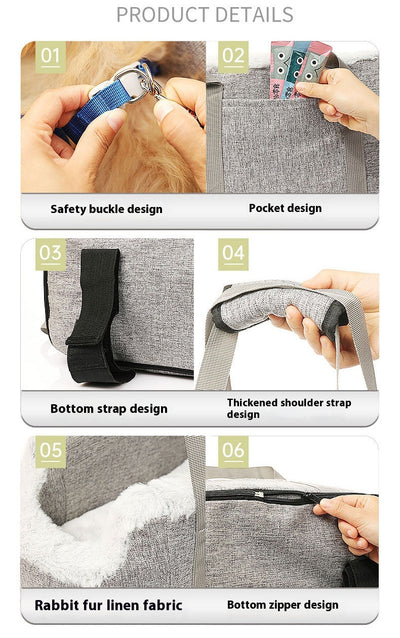 Grey pet car seat with plush white lining, designed for small dogs or cats, placed on a car's center console. - Image 11