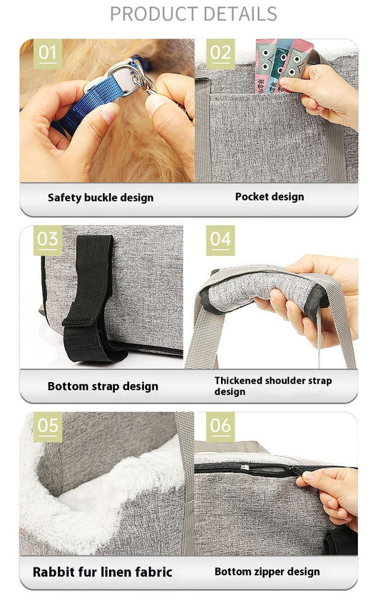 Grey pet car seat with plush white lining, designed for small dogs or cats, placed on a car's center console. - Image 11