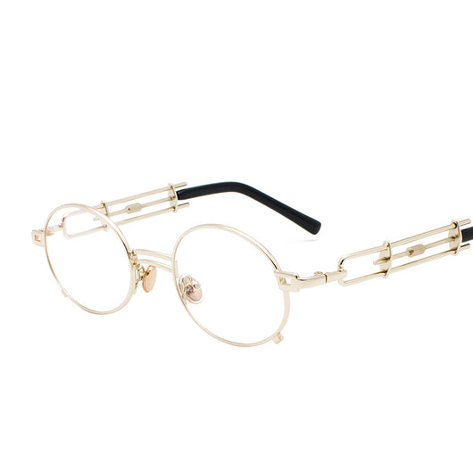 Black individual steampunk sunglasses with round clear lenses and unique metal frames on a white background. - Image 7