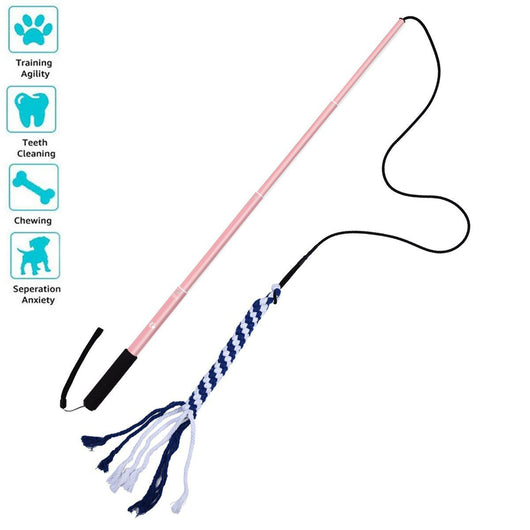 Black telescopic pet training rod with a black cord and two interchangeable braided fabric attachments in green/yellow and blue. - Image 10