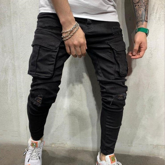 Pantalones Skinny Rotos con Múltiples Bolsillos y Tela Elastizada
