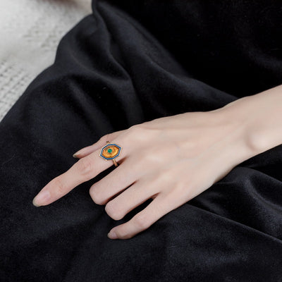 Anillo de Ámbar Natural Estilo Étnico en Plata de Ley