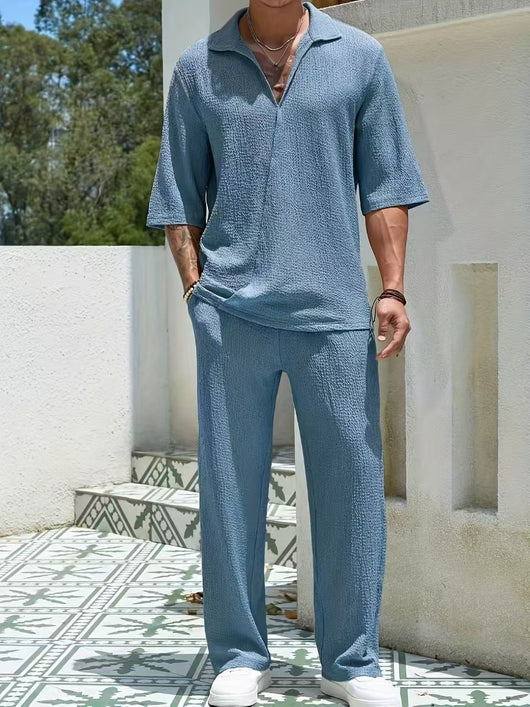 Conjunto Casual de Dos Piezas: Camisa Manga Corta y Pantalón Color Sólido - Image 14