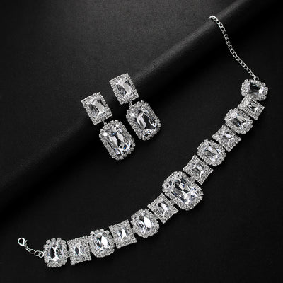 Light luxury geometric crystal necklace and square exaggerated earrings jewelry set in gold tone. - Image 20