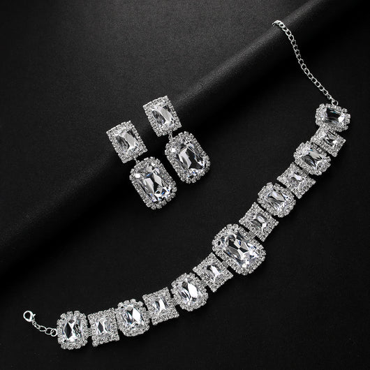Light luxury geometric crystal necklace and square exaggerated earrings jewelry set in gold tone. - Image 20