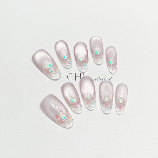 Uñas Postizas Ovaladas Cat Eye Fluorescentes Transparentes Personalizables