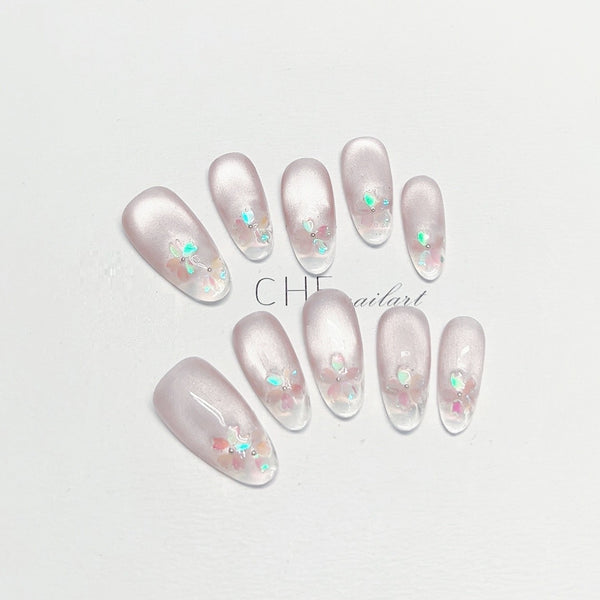 Uñas Postizas Ovaladas Cat Eye Fluorescentes Transparentes Personalizables