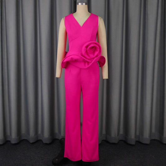 Conjunto Elegante: Blusa Floral Escote V sin Mangas + Pantalón Recto Cintura Alta - Image 2