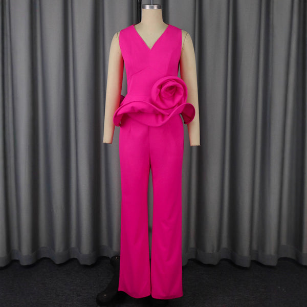 Conjunto Elegante: Blusa Floral Escote V sin Mangas + Pantalón Recto Cintura Alta
