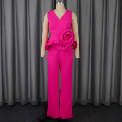 Conjunto Elegante: Blusa Floral Escote V sin Mangas + Pantalón Recto Cintura Alta - Image 2