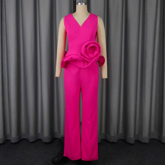 Conjunto Elegante: Blusa Floral Escote V sin Mangas + Pantalón Recto Cintura Alta - Image 2