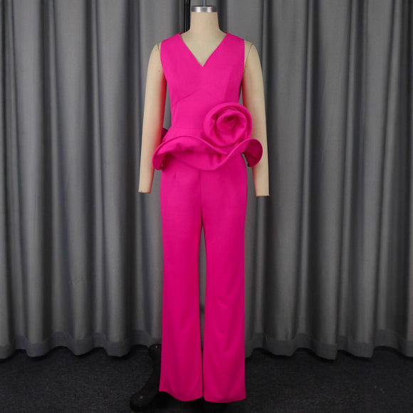 Conjunto Elegante: Blusa Floral Escote V sin Mangas + Pantalón Recto Cintura Alta