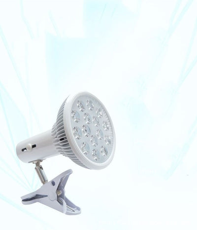 White LED physiotherapy lamp with red and infrared lights, featuring an adjustable head and a sturdy clip-on base for EU use. - Image 5