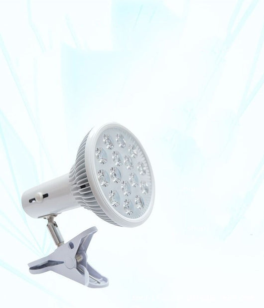 White LED physiotherapy lamp with red and infrared lights, featuring an adjustable head and a sturdy clip-on base for EU use. - Image 5
